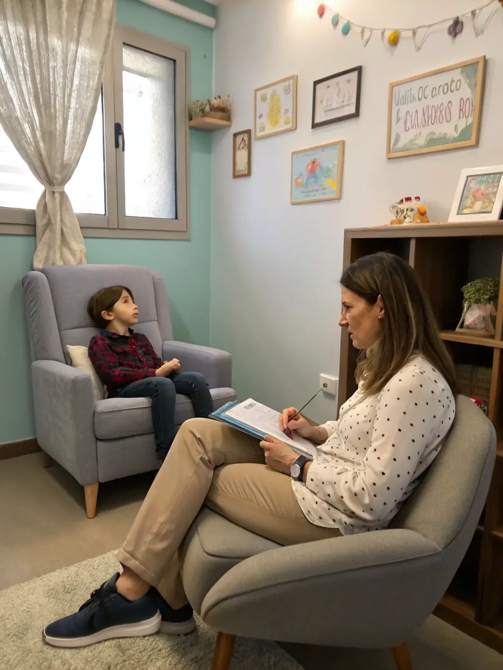 A photograph of a psychologist providing therapy to a child in a comfortable and supportive setting, emphasizing emotional well-being and resilience.