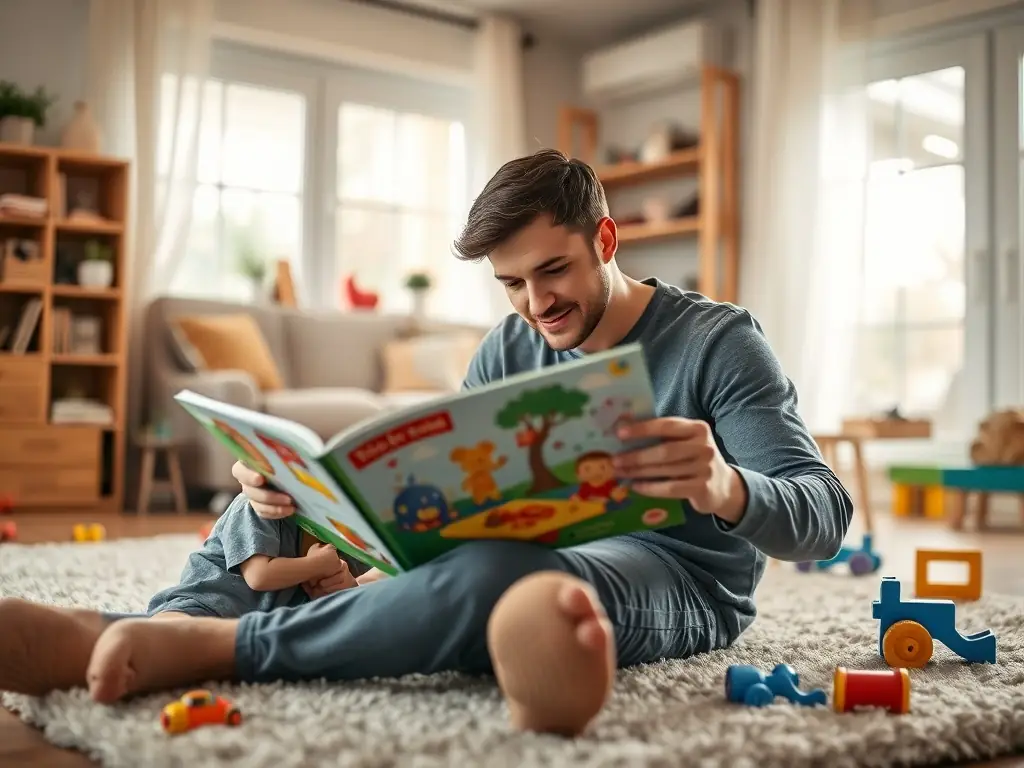 A warm and inviting image depicting a parent and child engaged in a joyful activity, such as reading together or playing a game, in a cozy living room setting. The scene should convey a sense of connection, happiness, and positive interaction.