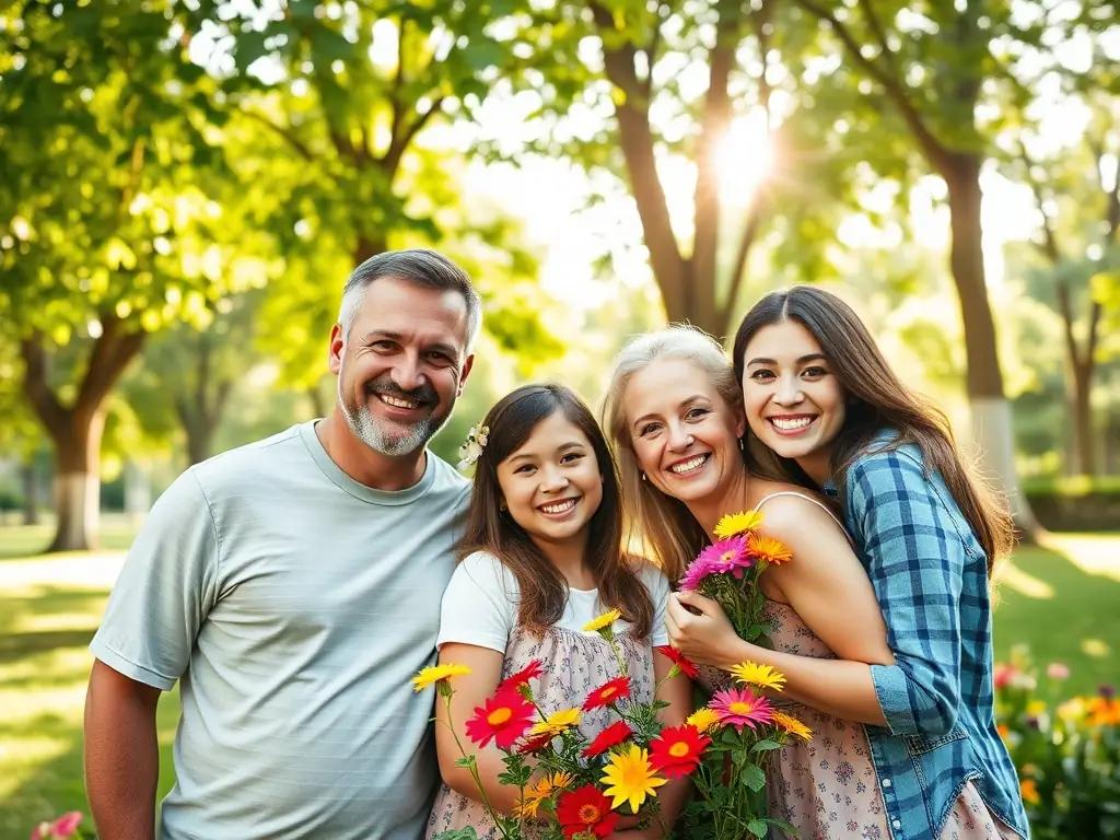 A serene image of a family enjoying a peaceful moment together outdoors, such as a walk in the park or a picnic. The scene should evoke feelings of relaxation, harmony, and shared enjoyment.
